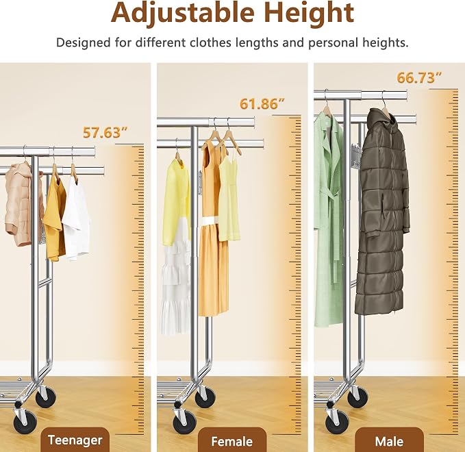 Hoctieon 2-Minute Assembly Double Rod Clothes Rack, Heavy Duty Rolling Clothing Racks with Wheels, Foldable Commercial Garment Rack, Extendable Hanging Bar, Adjustable Metal Pole with Hooks, Chrome - Image 7