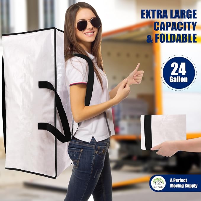 Cosy Family 4 Pack Heavy Duty Extra Large Moving Bags with Backpack Straps - Strong Handles & Zippers, Storage Totes For Space Saving, Fold Flat, Alternative to Moving Box (Set of 4, Clear) - Image 7