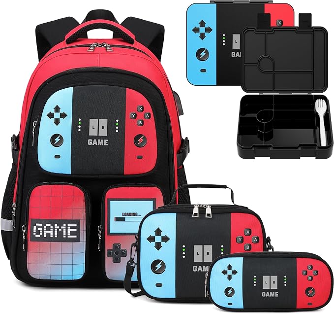 Jafeton School Backpack for Boys, 4 PCS Gamer Boy Backpack Set with Bento Box, Lunch Box & Pencil Pouch, Waterproof Schoolbag for Boys Kids Teens, Elementary Middle School, Kid Bookbag Casual Daypack by Jafeton