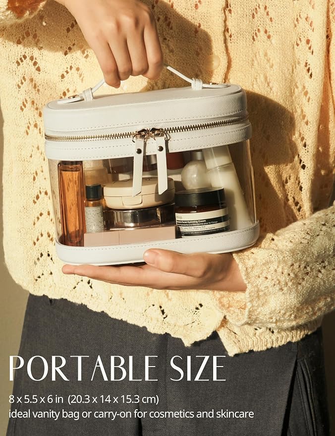 Popvibe Clear Makeup Train Case Vanity Bag Make Up Travel Bag with Brush Holder, Compact Transparent Makeuo Bag for Traveling Leather Cosmetic Case Portable Travel Essentials Toiletry Organizer White - Image 4