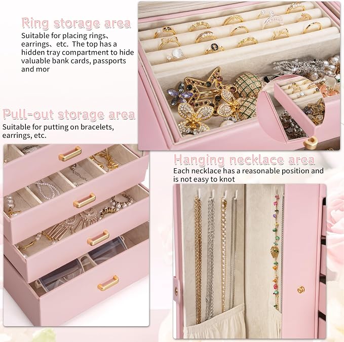 AKOZLIN 6-Tier Jewelry Box Organizer Functional 5 Drawers Leather Jewelry Storage Case for Women Girls Ring Necklace Earring Bracelet Holder Organizer with Mirror Extra Large Champagne Pink - Image 5