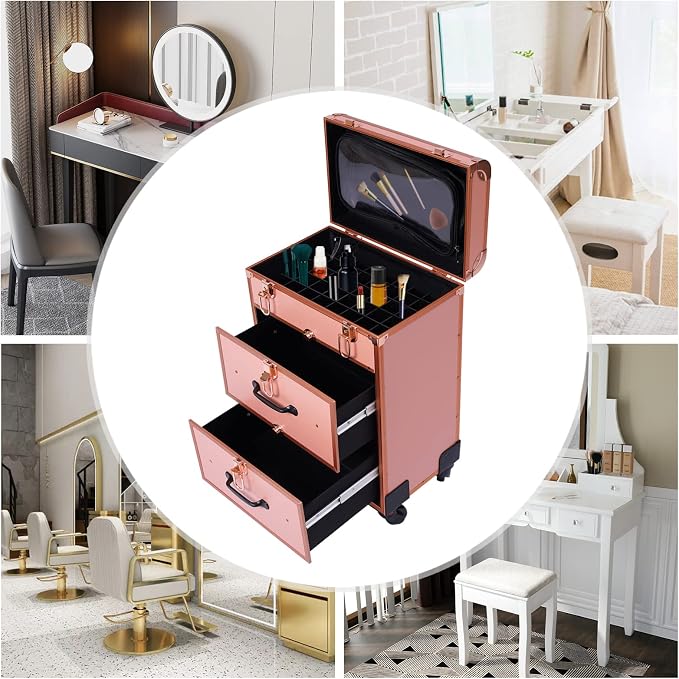 Rolling Makeup Case Cosmetic Train Cases Large Cosmetic Trolley with Locks Cosmetic Storage Organizer Travel Case Salon Barber Case for Makeup Artist Tattooist Nail Tech Hairstylists (Type D, Gold) - Image 4