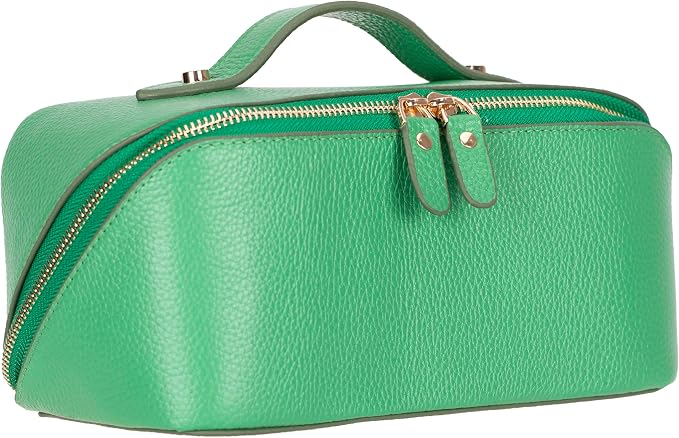 VENOULT Genuine Leather Makeup Bag, Spacious Cosmetic Case, Travel Toiletry Organizer with Handle (Pistachio) - Image 3