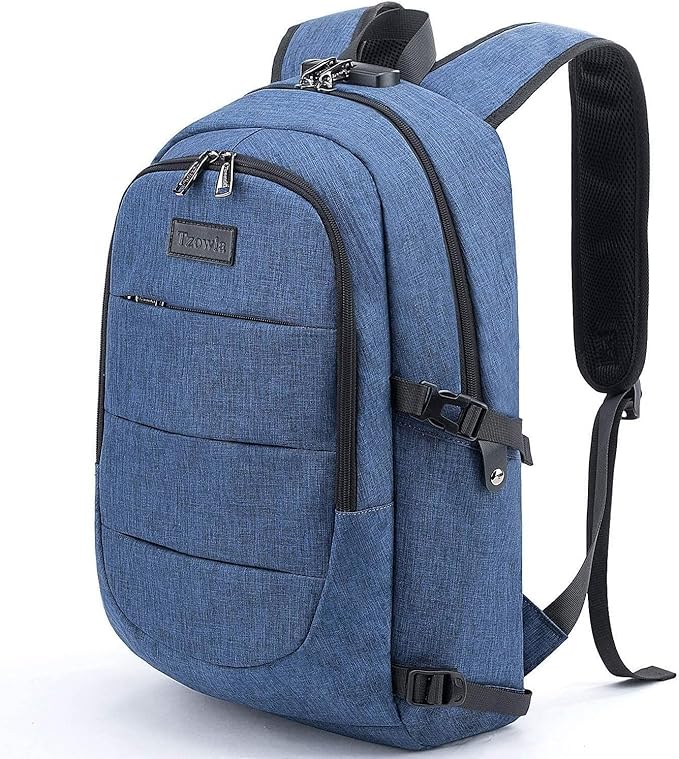 Tzowla Travel Laptop Backpack Water Resistant Anti-Theft Bag with Giant Tumbler Holder Pocket and Lock 17.3 Inch Computer Business Backpacks for Women Men Work College Gift,Casual Daypack(Blue) by Tzowla
