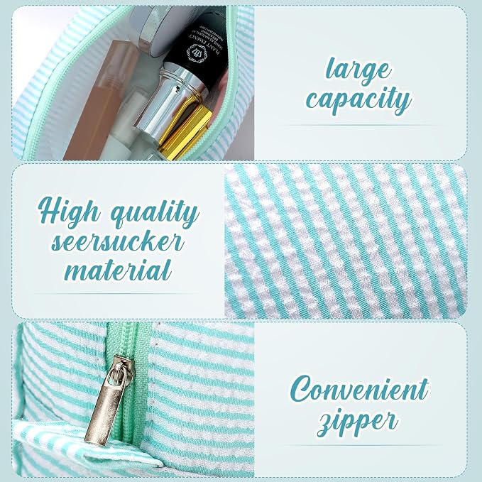 Sanwuta 6 Seersucker Cosmetic Bag Bulk Striped Makeup Bag for Women Aesthetic Cute Travel Toiletry Organizer Preppy Storage Pouch for Wedding Bridesmaid Mother's Day Teacher Gift (Large,Mint Blue) - Image 3