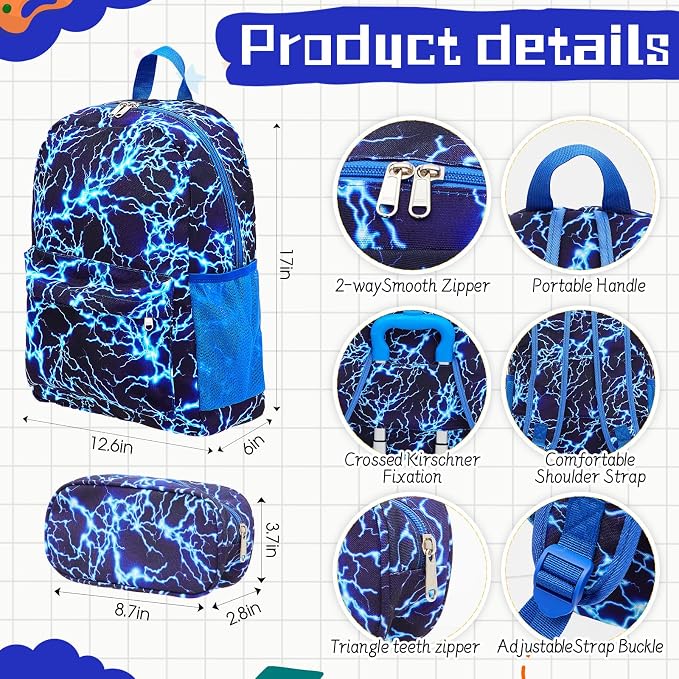 Redbaker 6 Pcs Travel Luggage Set, 17 Inch Rolling Suitcase with Backpack Lunch Bag Neck Pillow Luggage Tag and Pen Pouch, Blue Lightning Pattern for Vacation Sleepover Weekend Trips - Image 3