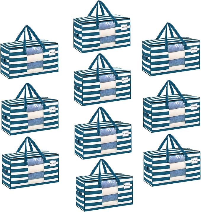 VENO 10 Pack Heavy Duty Moving Bags, Clothes and Comforter Storage Bags with Clear Window, College Dorm Essentials Packing Supplies, Foldable Boxes Alternative (Classic Navy Stripe, 10 Pack) by Veno