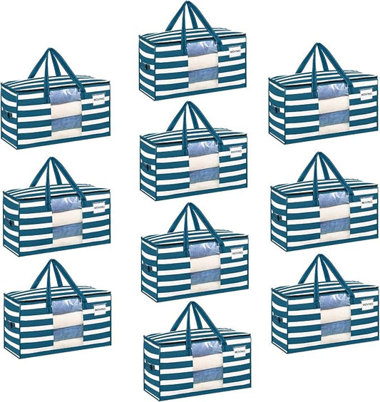 VENO 10 Pack Heavy Duty Moving Bags, Clothes and Comforter Storage Bags with Clear Window, College Dorm Essentials Packing Supplies, Foldable Boxes Alternative (Classic Navy Stripe, 10 Pack) by Veno