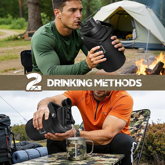 NATURE PIONEOR 128oz/1 Gallon Tactical Water Bottle with MOLLE Bottle Pouch | 18/8 Food-grade Stainless Steel, Double Vacuum Insulation, Wide-Mouth, Straw & Spout Lid, Strap, Camping, Hiking, Gym, Work - Image 2