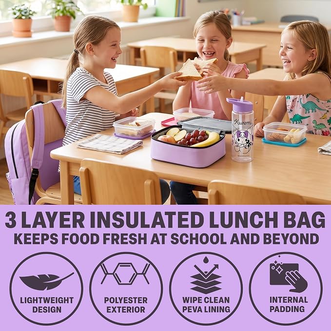 Get Trend Kuromi Girls Backpack, Lunch Bag, Pencil Case, Water Bottle | Sanrio 4 Pc Set, 18in Bookbag, Insulated Lunch Bag, Pencil Pouch & 16.9 fl oz BPA-Free Water Bottle, School, Gifts for Girls - Image 4