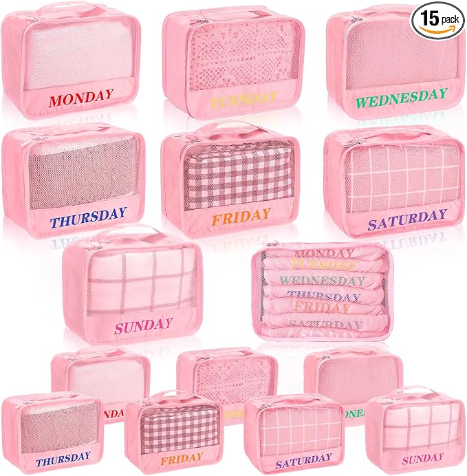 Days of Week Packing Cubes Summer Camp Essentials Weekly Organizer Storage Bag School Clothes for Travel Kids Family(9x7x3inch,Pink,15) by Yeyeplum