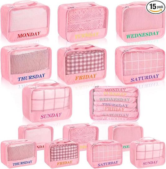 Days of Week Packing Cubes Summer Camp Essentials Weekly Organizer Storage Bag School Clothes for Travel Kids Family(9x7x3inch,Pink,15) by Yeyeplum