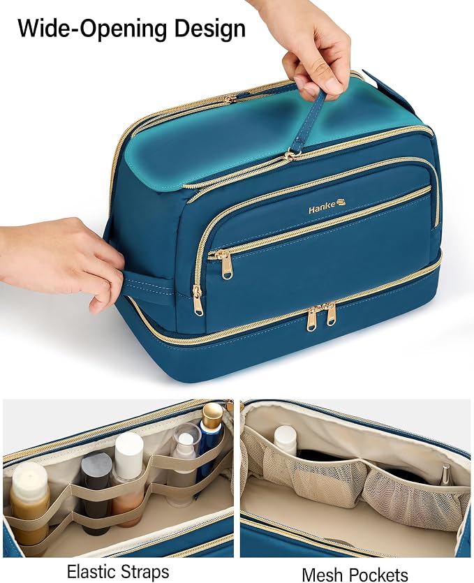 Hanke Travel Toiletry Bag, Lightweight Wide-open Makeup Bag, Dual-Layer Travel Bag for Toiletries Water-Resistant Cosmetic Bags Large Toiletry Bags for Women & Men, Travel Essentials, Navy Blue - Image 2