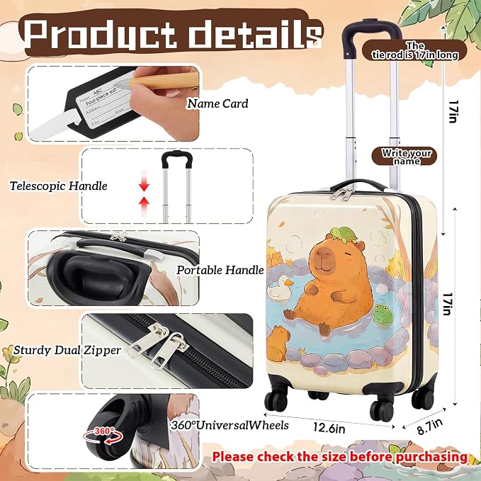 Redbaker 6 Pcs Kids Luggage Set, 17 Inch Rolling Suitcase with Backpack Lunch Bag Neck Pillow, Capibara Travel Set for Summer Vacation Sleepover Back to School Gift - Image 2