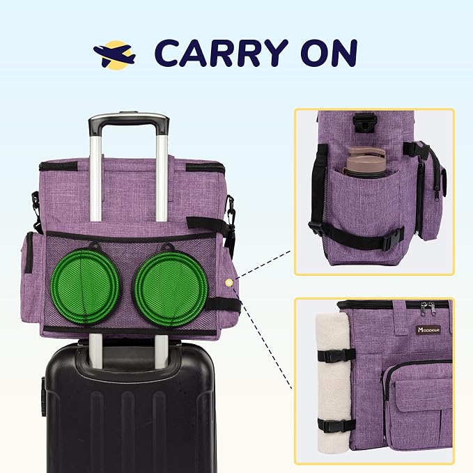 Modoker Dog Travel Organizer Carriers for Supplies & Accessories, Airline Approved Cat Pet Travel Bag, 2 Collapsible Bowls, 2 Travel Dog Food Container, Purple | Dog travel accessories set with feeding supplies, bowls, mat, and strap. Ideal for weekend... - Image 5