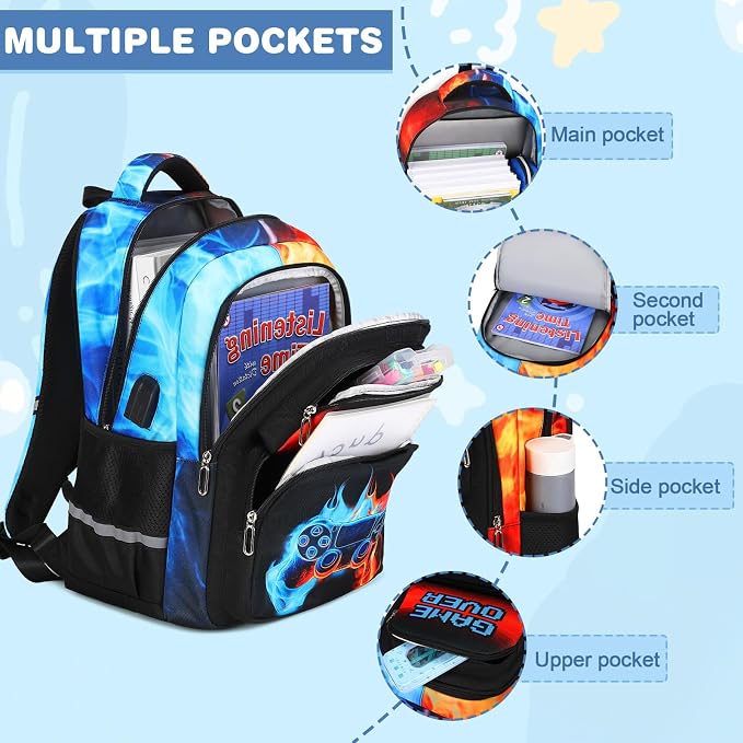 Bevalsa Backpack for Boys, School Bags for Kids with 3.5mm Jack Wired Headphones, Lunch Box & Pencil Case, Gamer Backpack for Kids Children Teens for Elementary Middle School Student (Flame) - Image 4
