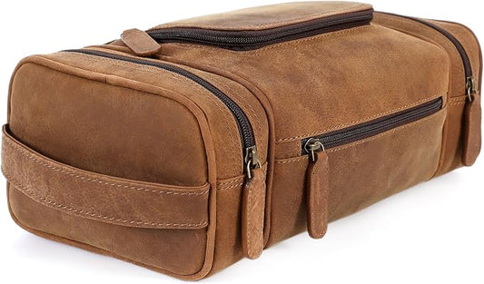 ELIZO Real Leather Toiletry Bag for Men - Extra Large Hanging Travel Organizer for Toiletries, Ideal for Dopp Kit & Shaving Kit for Men, Essential Mens Travel Toiletry Bag for Toiletries (Saddle) by Elizo