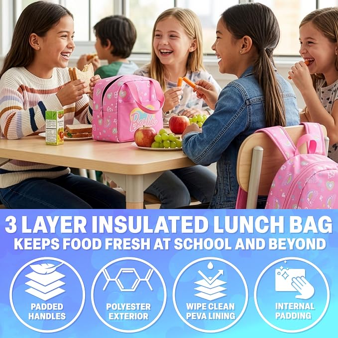 Get Trend Barbie Girls Backpack, Lunch Bag & Pencil Case, 3-Piece Set | 18 inch Kids Bookbag, Adjustable Padded Straps, Insulated Lunch Bag, Zipped Pencil Pouch, School Supplies, Gifts for Girls - Image 4