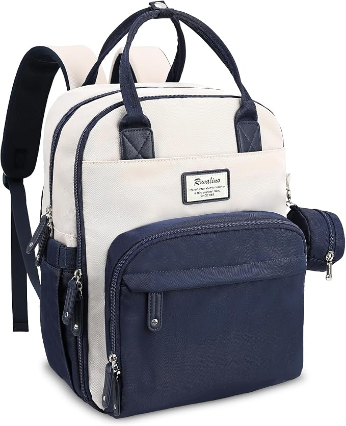 RUVALINO Diaper Bag Backpack-Multifunction Baby Travel Bag with Changing pad, Insulated Bottle Holders & Pacifier Case, Large Capacity, Waterproof, Cream & Blue by RUVALINO