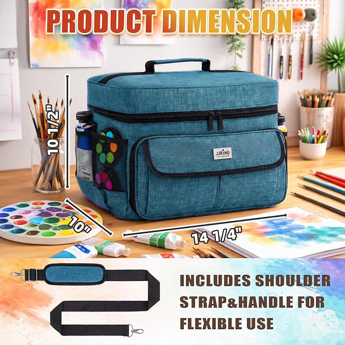 JJRING Acrylic Paint Organizer Bag With Adjustable Dividers, Green | Versatile Art Supply Storage Case With 12-Slot Brush Holder & Clear Zipper Pocket For Multi-Size Bottles, Travel Tote - Image 2
