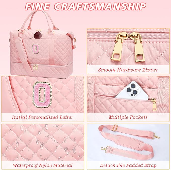 Gifts for Friend Women Girls Birthday Initial Travel Duffle Bag Quilted Weekender Bags Carry-On Overnight with Makeup Bag, Gym Bag with Shoe Compartment, Pink-O - Image 6