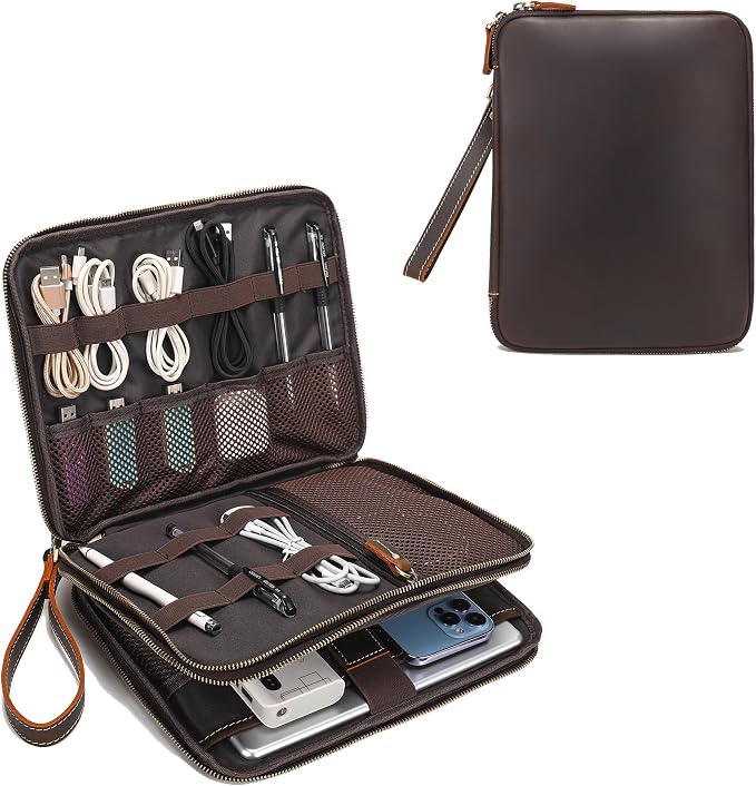 LANNSYNE Full Grain Leather Travel Cable Accessories Bag, Electronic Organizer Carry Case Double Layer Storage Case for Cables, Charger, Phone, Power Bank by LANNSYNE