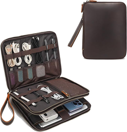 LANNSYNE Full Grain Leather Travel Cable Accessories Bag, Electronic Organizer Carry Case Double Layer Storage Case for Cables, Charger, Phone, Power Bank by LANNSYNE