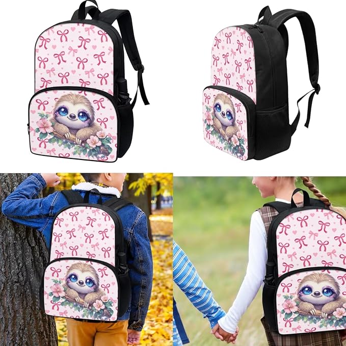 Bow Sloth School Bag for Girls, 3Pcs Students Backpack, Elementary Girls Bookbag Sets with Lunch Box Pencil Case for School - Image 2