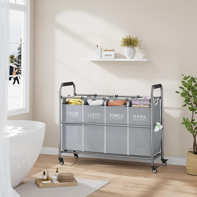 Tajsoon 4 Bag Laundry Sorter Cart, 4 Section Laundry Hamper Sorter with Heavy Duty Lockable Rolling Wheels, Laundry Separator Hamper with Removable Bags for Dirty Clothes Storage, Grey & White - Image 6