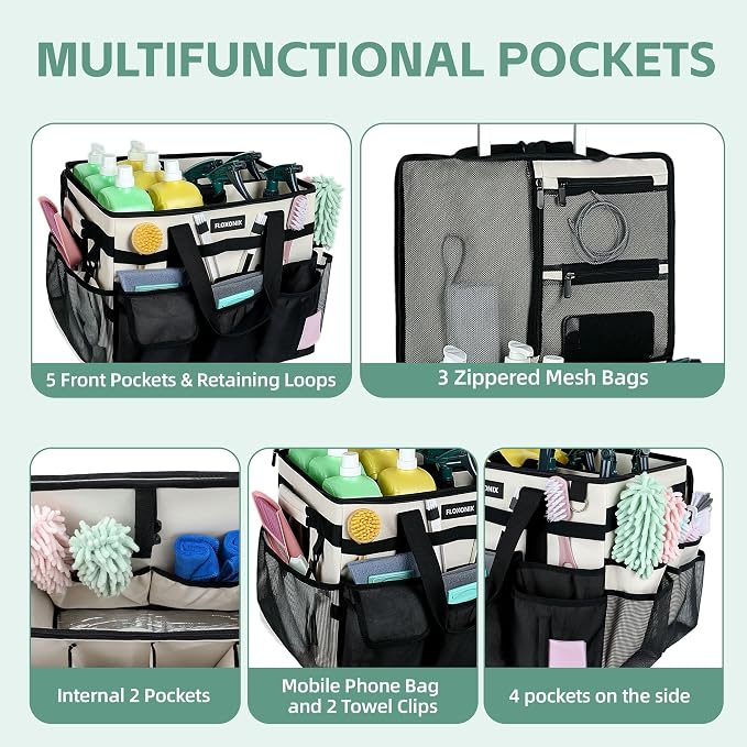 Large Rolling Cleaning Caddy Bag with Wheels, with Detachable Trolley, Cleaning Bags on Wheels for Housekeepers, Cleaning Cart Supplies Organizer for Home, Car, Picnic (Beige) - Image 6