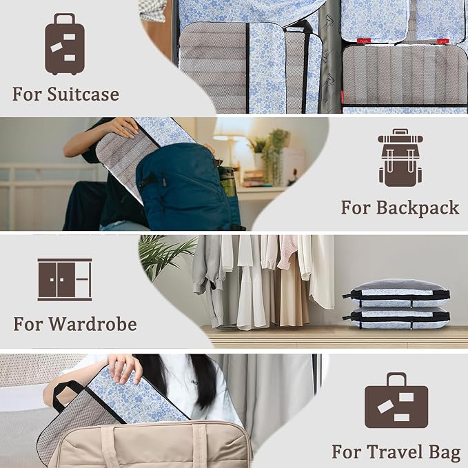 U+U 10 Set Compression Packing Cubes - Ultralight Travel Organizers with Laundry Bag and Cosmetic Bag, Space-Saving Suitcase Organizer for Travel, Business Trip and Family Vacation (Blue Flower) - Image 8