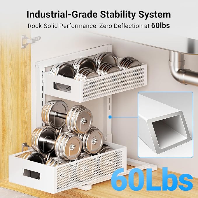 TISTAYA Pull-out Under Kitchen Sink Organizer, Metal Functional Under Sink Organizer, Height Adjustable Under Bathroom Sink Organizer, Under Sink Storage for Kitchen Bathroom Cabinet (White) - Image 5