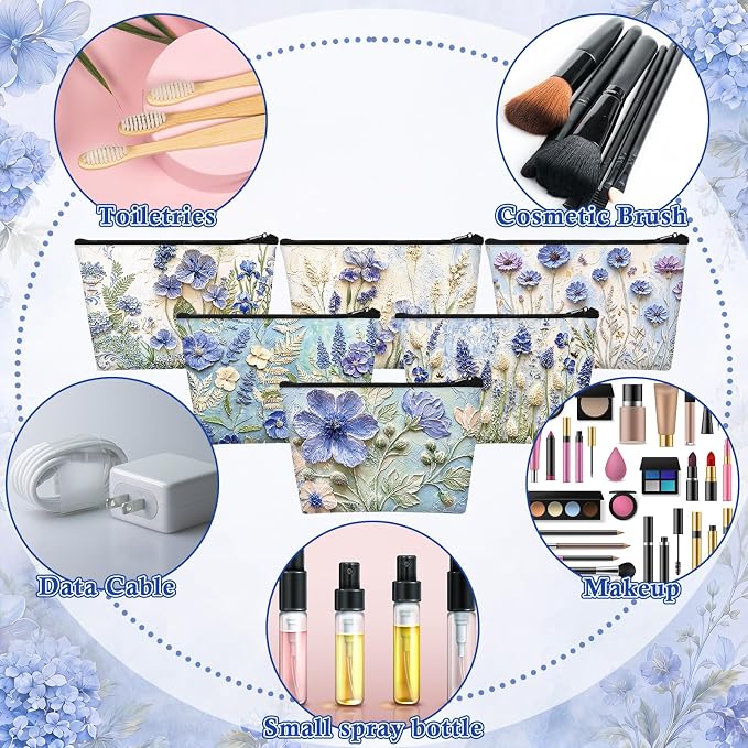 Sweetude 12 Pcs Blue Relief Flowers Makeup Bag Bulk Blue Portable Travel Cosmetic Bag with Zipper Oil Painting Floral Waterproof Roomy Travel Toiletry Organizer Storage Beauty Pouch for Women Gifts - Image 3