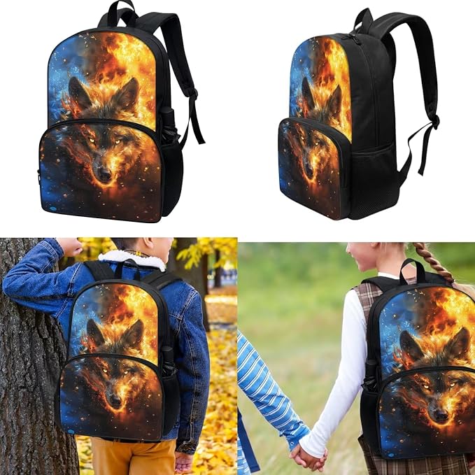 Kids Boys Backpack School Bag Set Cool 3D Wolf School Bookbag with Insulated Lunch Box Pencil Pouch Kids Lightweight School Bag Rucksack 3 Pieces Backpack Set - Image 2