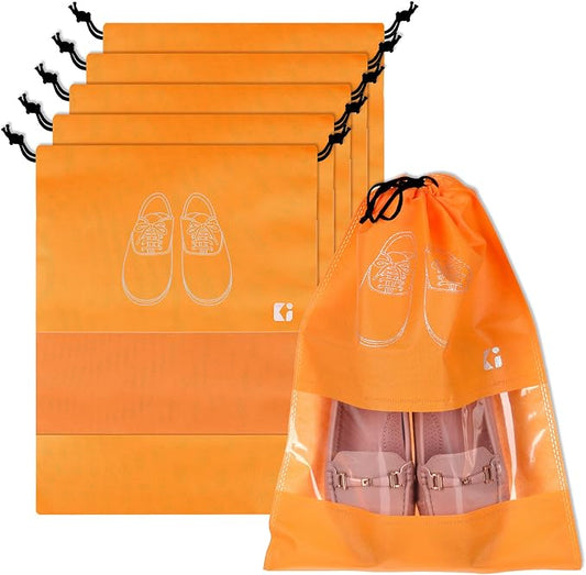 Kuber Industries Pack of 6 Shoe Bags | Shoe Bags for Travel | Non-Woven Shoe Storage Bags | Storage Organizers Set | Shoe Cover with Transparent Window | Shoe Dori Cover | Orange by Kuber+Industries