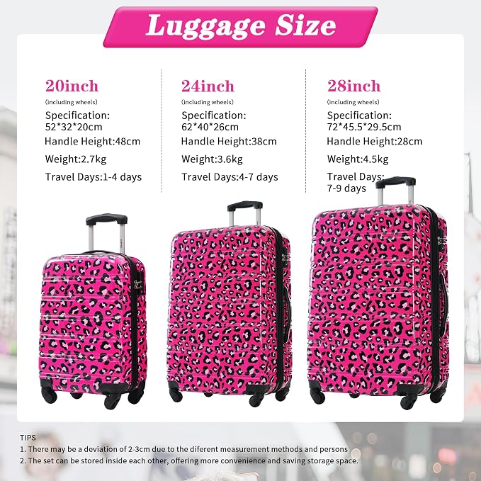 Merax Suitcase Set, Hardshell Luggage Sets 3 Piece with Spinner Wheels | Expandable Durable Suitcase with TSA Lock Lightweight 20" 24" 28", Hot Pink Leopard - Image 2