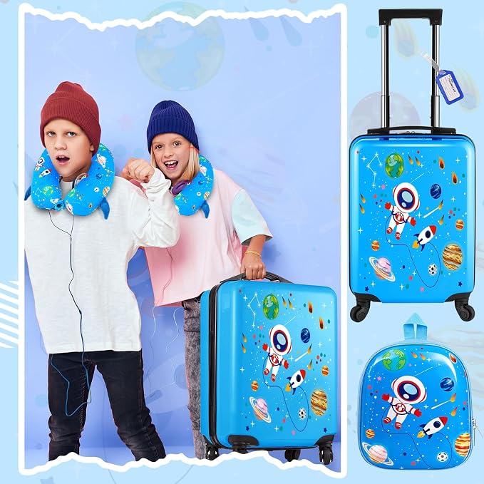 Sanwuta 4 Pcs Kids Luggage Set Back to School Gifts for Girls Boys Carry On Rolling Suitcase Backpack Neck Pillow Travel Set(18 Inch,Astronaut Style,Blue) - Image 6
