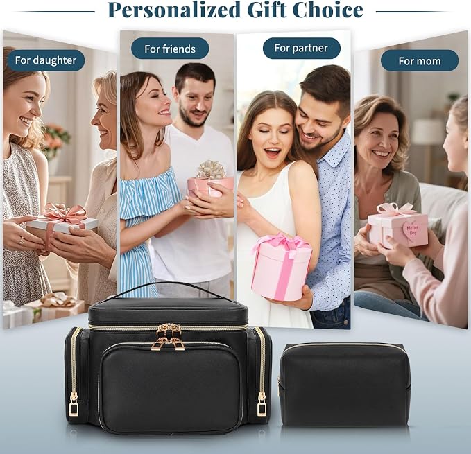 Makeup Bag Set, Portable Travel Makeup Bag Organizer for Women Cute Cosmetic Pouch Large Capacity with Makeup Brush Compartment, Cosmetic Travel Bag with Divider and Handle Toiletry Bag - Black - Image 8