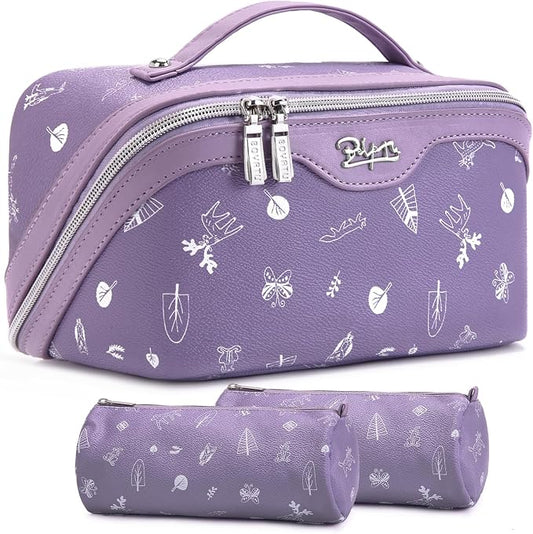 BOYATU Travel Makeup Bag Cosmetic Bags for Women: 3 Pcs Set Portable Make up Bag with Handle - PU Leather Toiletry Bags with Compartments - Makeup Organizer for Travel Essentials(L-3-Purple) by BOYATU