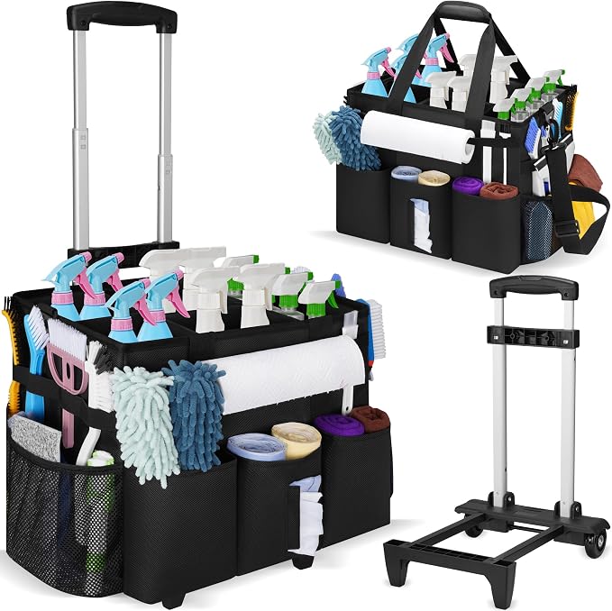 Large Rolling Cleaning Caddy with Detachable Trolley, Cleaning Supply Organizer Bag with Wheels & Multi-Pockets, Water-Resistant Cleaning Cart on Wheels for Housekeeping, Cleaner by Aleemin