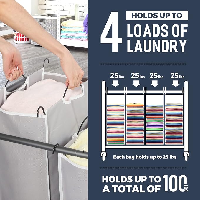 STO STO Laundry Sorter 4 Section, 4 Bag Clothes Hamper, Rolling Laundry Cart Basket with Heavy Duty Lockable Wheels and Removable Bag for Laundry Room, Bedroom, Closet, Gray - Image 4