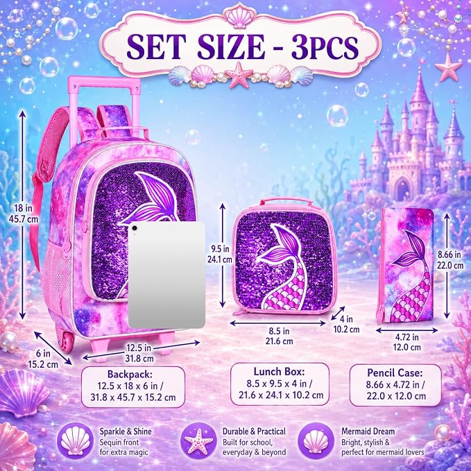 AGSDON 3PCS Rolling Backpack for Girls Boys, Kids Roller Wheels Bookbag, Wheeled School Bag with Lunch Bag - Image 5