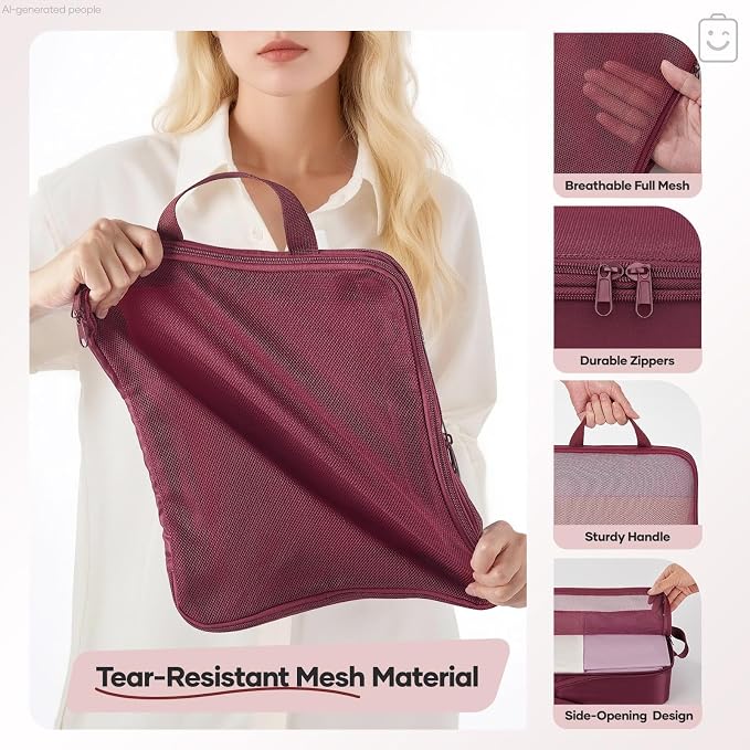 Veken 9/11 Set Compression Packing Cubes for Travel Essentials,Compressible Expandable Luggage Suitcase Organizer Bags with Garment Bag,Space Saver Bags with Over 1000 pcs of Mesh Holes(Wine Red) - Image 5