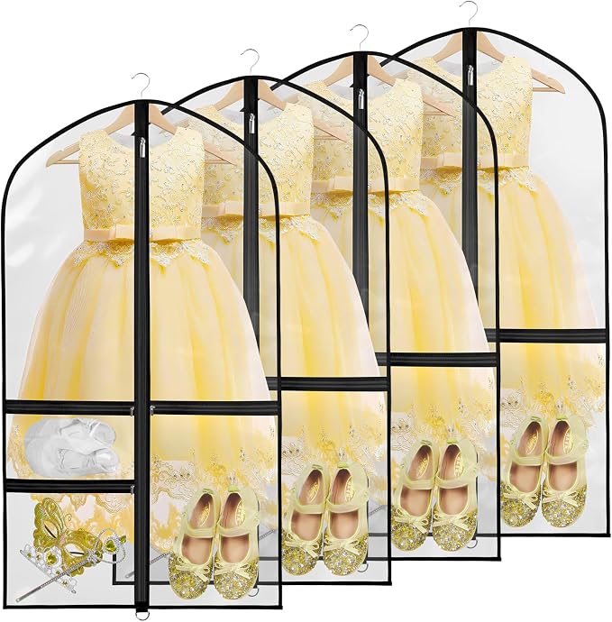 Zilink Kids Garment Bag for Dance 40” Dance Garment Bags for Dancers Cheer Uniform Garment Bag with 3 Clear Zipper Pockets，Set of 4 (Clear/Black) by Zilink