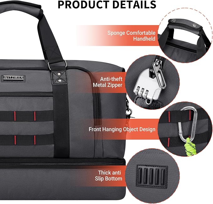 WITZMAN Travel Duffle Bags for Men Weekender Bags with Toiletry Bag Sets Carry On Overnight Bag 55L （B696 Silvery Grey） | Multi-pockets with Shoe Compartment and Dry-wet Pocket, Carry On, Convertible for Gym, Overnight, Sports, B696 Silvery Grey - Image 7