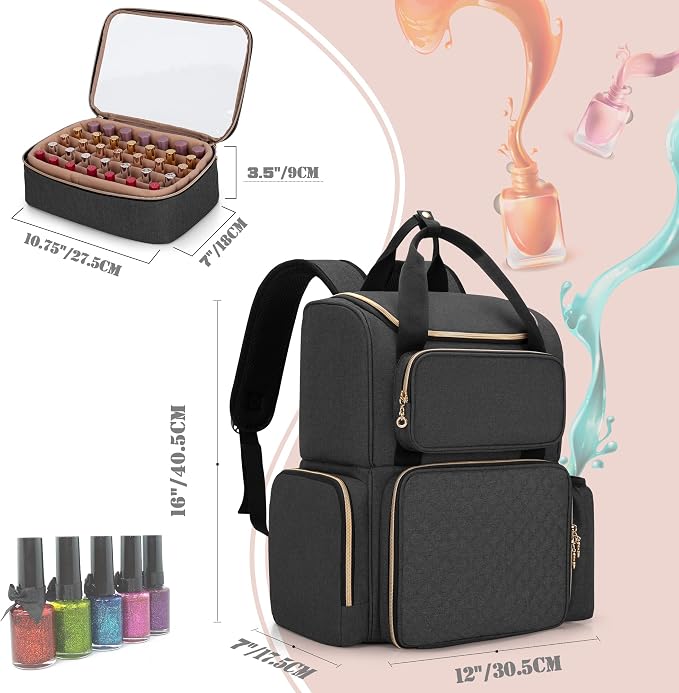 LUXJA Nail Polish Organizer Backpack Holds 70 Bottles and a UV Lamp | Travel Nail Bag with 2 Removable Cases, Ample Tools Storage Pockets, Adjustable Shoulder Straps, Trolley Sleeve, Black - Image 6
