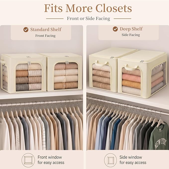 GoMaihe 3 Opening Clothes Storage Bins with Metal Frame, 40L Sweater Storage Organizer for Upper Shelf Closet Storage Boxes with Clear Window for Hoodies Jeans Towel 3-Pack Beige - Image 3