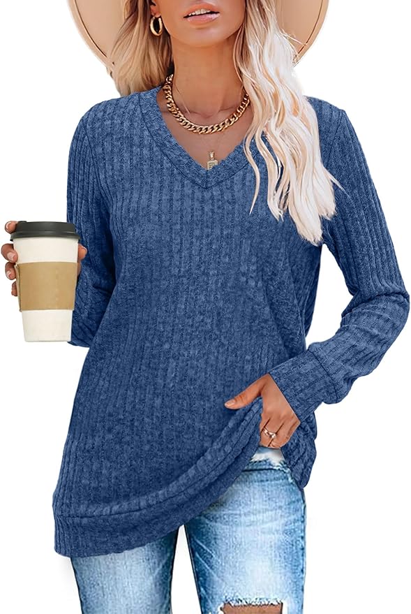 Sampeel V Neck Long Sleeve Shirts for Women Casual Fall Tops Lightweight Tunic Sweaters Fashion Clothes Loose Fit 2025