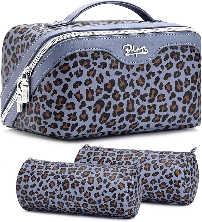 BOYATU Travel Makeup Bags Cosmetic Organizer Bag: 3 Pcs Set Large Capacity Make up Bag with Compartments - Waterproof Leather Toiletry Bags with Handle for Women (B-Light Blue) by BOYATU