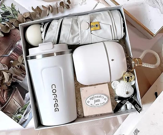 KaroZi Gift Basket for Every Occasions with Umbrella, Travel Mug, Thai Rice Soap, Keychain Pendant, USB Humidifier, Handbag